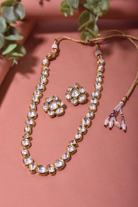 Shop Swabhimann Gold Plated Diamonds, Stones Geometric Kundan Embellished Necklace Set at Aza Fashions Shop_Swabhimann_Gold Plated Diamonds, Stones Geometric Kundan Embellished Necklace Set _at_Aza_Fashions