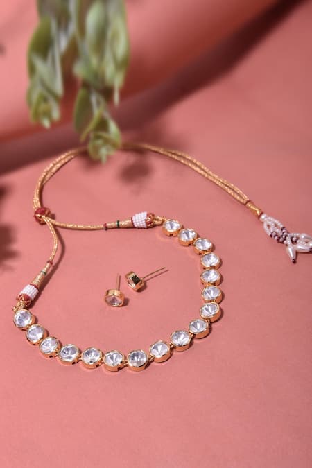 Shop Swabhimann Gold Plated Diamonds, Stones Circular Polki Embellished Necklace Set at Aza Fashions Shop_Swabhimann_Gold Plated Diamonds, Stones Circular Polki Embellished Necklace Set _at_Aza_Fashions
