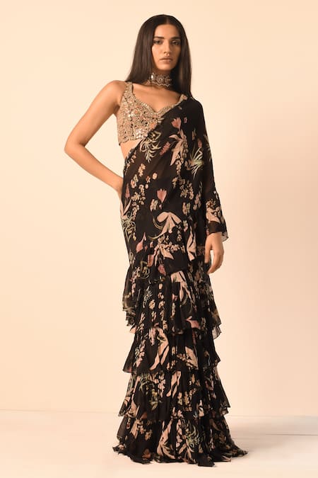 Arpita Mehta Black Blouse Net Printed Floral V Neck Tiered Ruffle Saree With 