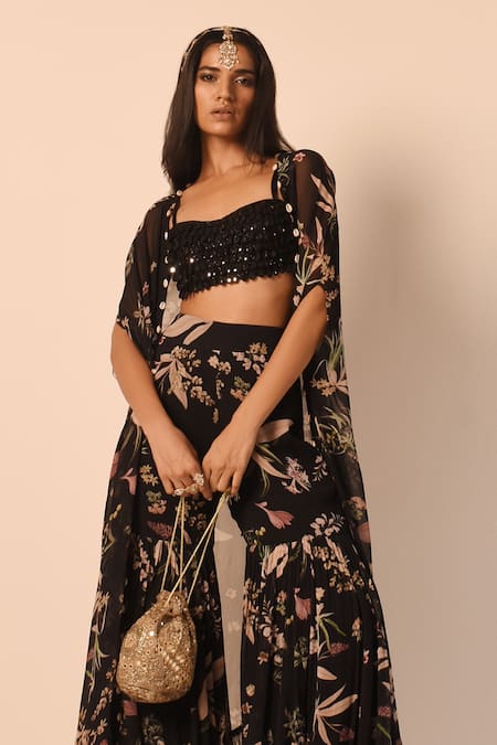Arpita Mehta_Black Net, Georgette Sequins, Cut Work Floral Print Cape And Gharara Set_Online_at_Aza_Fashions