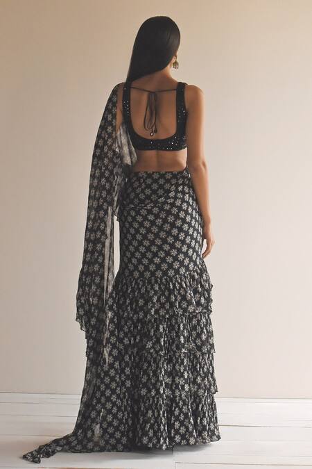 Shop Arpita Mehta Black Georgette, Net Sequins Butti Print Pre-draped Ruffle Saree With Blouse at Aza Fashions Shop_Arpita Mehta_Black Georgette, Net Sequins Butti Print Pre-draped Ruffle Saree With Blouse_at_Aza_Fashions