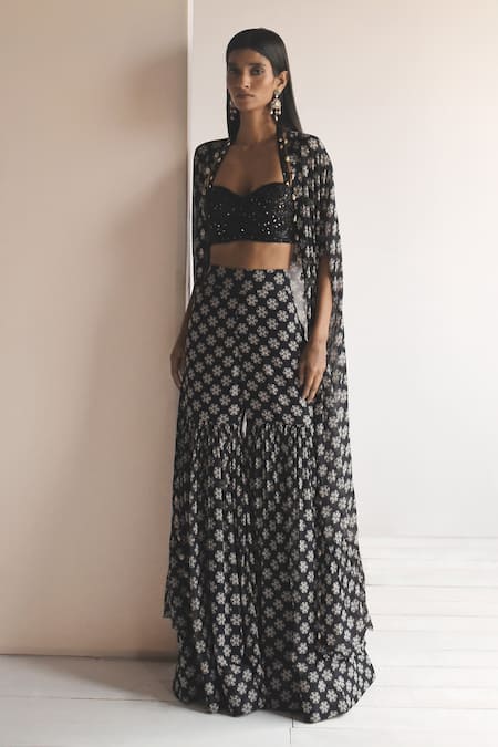 Arpita Mehta Black Net, Georgette Sequins, Embroidery Halter Butti Print Cape Gharara Set