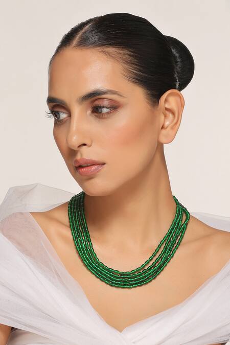 Swabhimann_Green Beaded Multi Layered Necklace _Online_at_Aza_Fashions