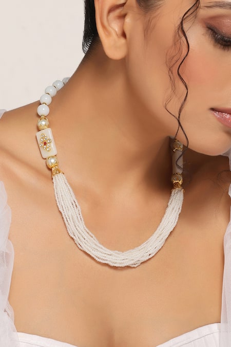 Shop Swabhimann White Multi Layered Pearl Necklace at Aza Fashions Shop_Swabhimann_White Multi Layered Pearl Necklace _at_Aza_Fashions
