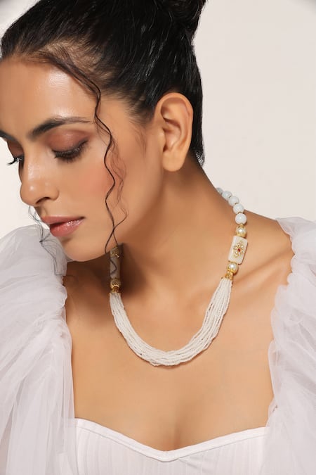 Swabhimann White Multi Layered Pearl Necklace Online at Aza Fashions Swabhimann_White Multi Layered Pearl Necklace _Online_at_Aza_Fashions