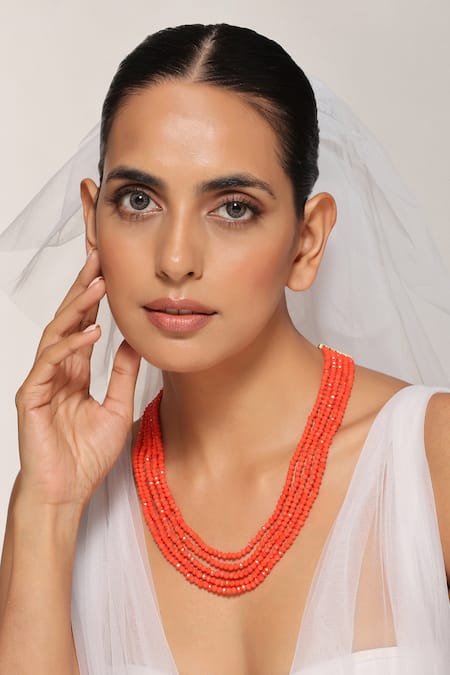 Swabhimann_Orange Beaded Five Layered Necklace _Online_at_Aza_Fashions