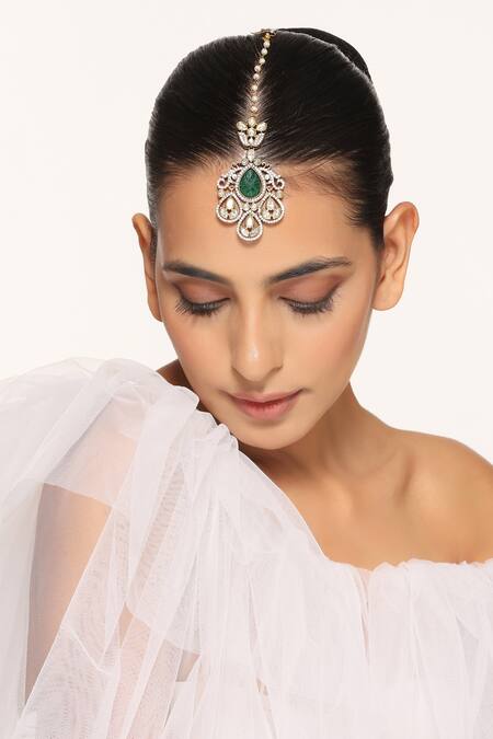 Swabhimann Green Polki Embellished Maangtikka Online at Aza Fashions Swabhimann_Green Polki Embellished Maangtikka _Online_at_Aza_Fashions