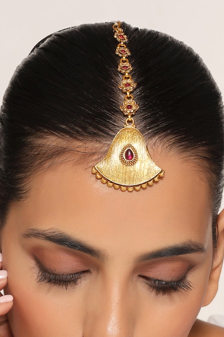 Shop Swabhimann Red Stone Embellished Temple Maangtikka at Aza Fashions Shop_Swabhimann_Red Stone Embellished Temple Maangtikka _at_Aza_Fashions