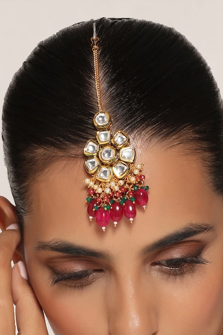 Shop Swabhimann Multi Color Floral Kundan Embellished Maangtikka at Aza Fashions Shop_Swabhimann_Multi Color Floral Kundan Embellished Maangtikka _at_Aza_Fashions