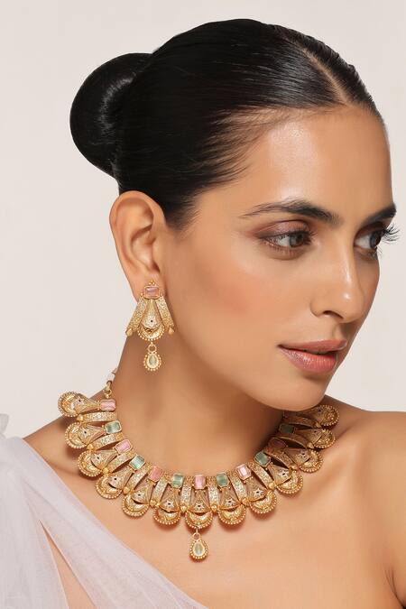 Swabhimann_Multi Color Stones Carved Temple Necklace Set _Online_at_Aza_Fashions