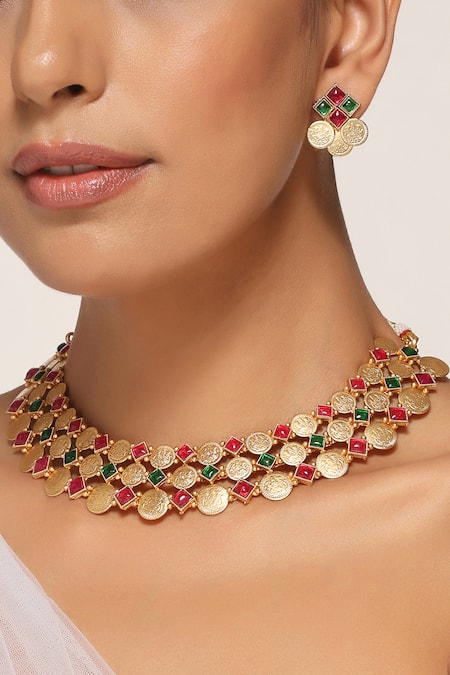 Shop Swabhimann Multi Color Stones Gold Temple Necklace Set With Earrings at Aza Fashions Shop_Swabhimann_Multi Color Stones Gold Temple Necklace Set With Earrings _at_Aza_Fashions