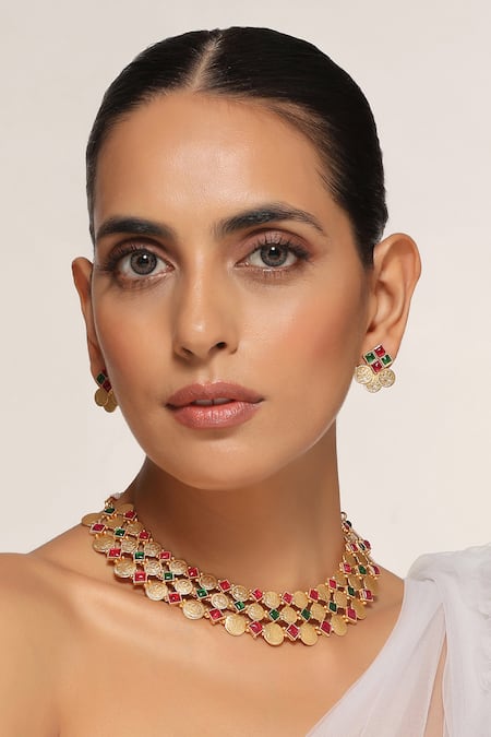 Swabhimann Multi Color Stones Gold Temple Necklace Set With Earrings Online at Aza Fashions Swabhimann_Multi Color Stones Gold Temple Necklace Set With Earrings _Online_at_Aza_Fashions