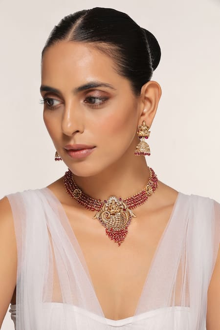 Swabhimann Goddess Lakshmi Carved Necklace Set 