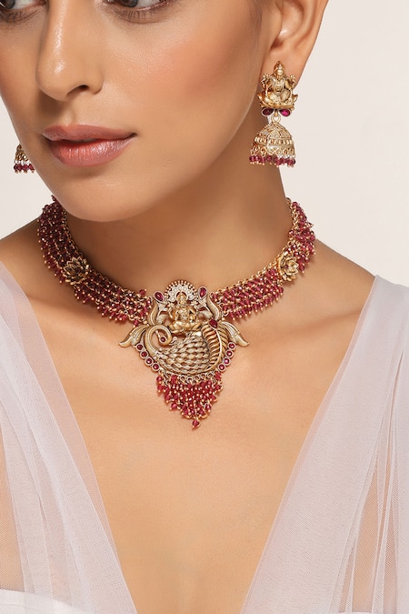 Swabhimann Goddess Lakshmi Carved Necklace Set 