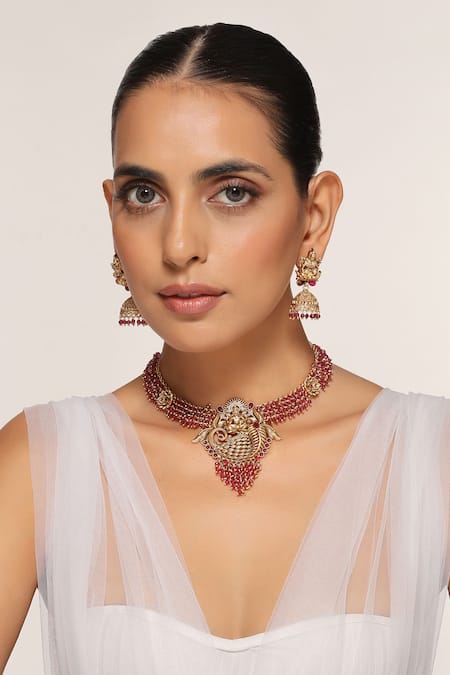 Swabhimann Red Beads Goddess Lakshmi Carved Necklace Set Online at Aza Fashions Swabhimann_Red Beads Goddess Lakshmi Carved Necklace Set _Online_at_Aza_Fashions