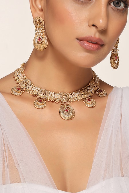 Shop Swabhimann Red Stones Crescent Moon And Embellished Necklace Set at Aza Fashions Shop_Swabhimann_Red Stones Crescent Moon And Embellished Necklace Set _at_Aza_Fashions