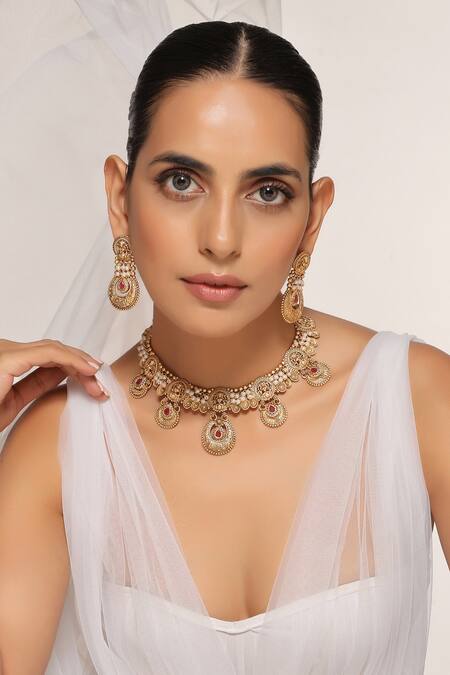 Swabhimann Red Stones Crescent Moon And Embellished Necklace Set Online at Aza Fashions Swabhimann_Red Stones Crescent Moon And Embellished Necklace Set _Online_at_Aza_Fashions