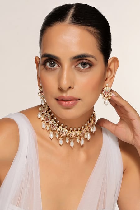 Swabhimann_Red Pearls, Gota Patti Kundan And Embellished Necklace Set _Online_at_Aza_Fashions