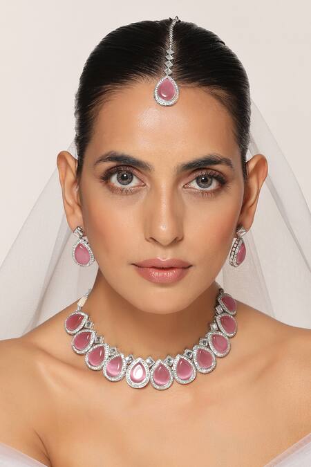Swabhimann_Pink Zari Zirconia Embellished Jewellery Set _Online_at_Aza_Fashions