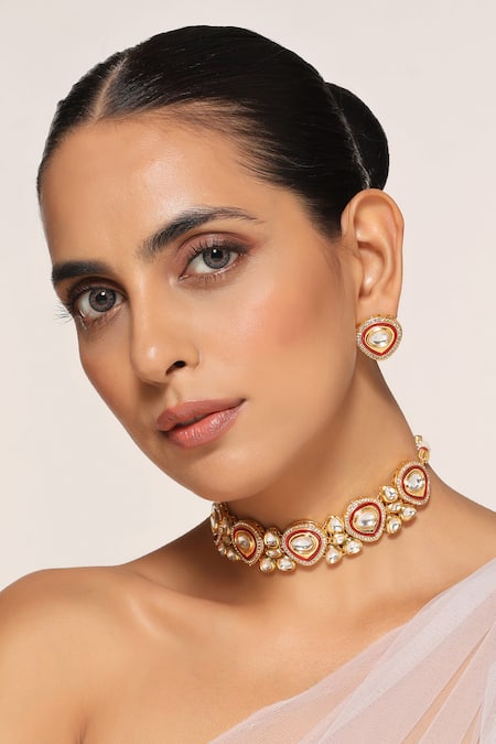 SWABHIMANN Geometric Polki Embellished Necklace Set 