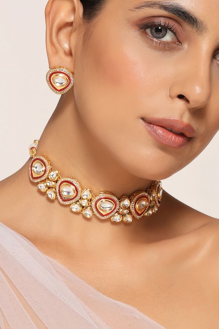 Shop_Swabhimann_Red Diamonds, Stones Geometric Polki Embellished Necklace Set _at_Aza_Fashions
