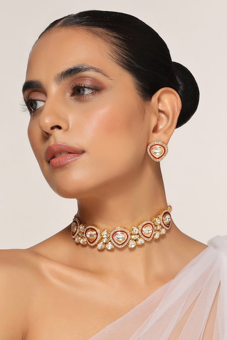Swabhimann_Red Diamonds, Stones Geometric Polki Embellished Necklace Set _Online_at_Aza_Fashions
