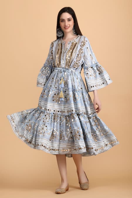 ANANNASA Blue 100% Cotton Placement Embroidered Mirror Lace Ayana Midi Dress  