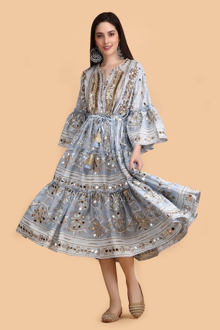 Anannasa_Blue Cotton Mirrors Split V-neck Ayana Midi Dress _Online_at_Aza_Fashions