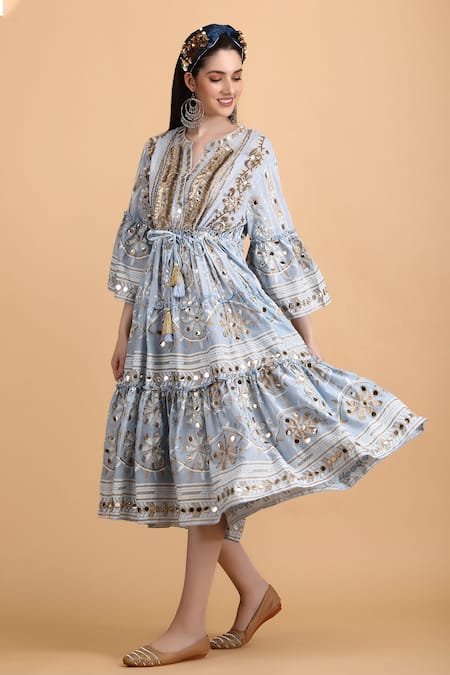 Buy_Anannasa_Blue Cotton Mirrors Split V-neck Ayana Midi Dress _Online_at_Aza_Fashions