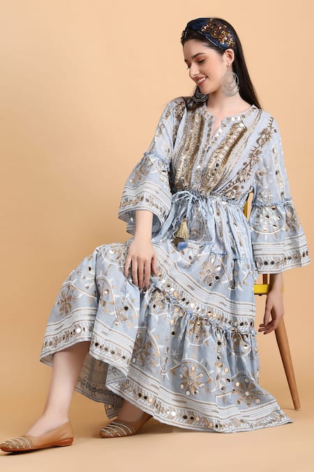 Anannasa_Blue Cotton Mirrors Split V-neck Ayana Midi Dress _at_Aza_Fashions