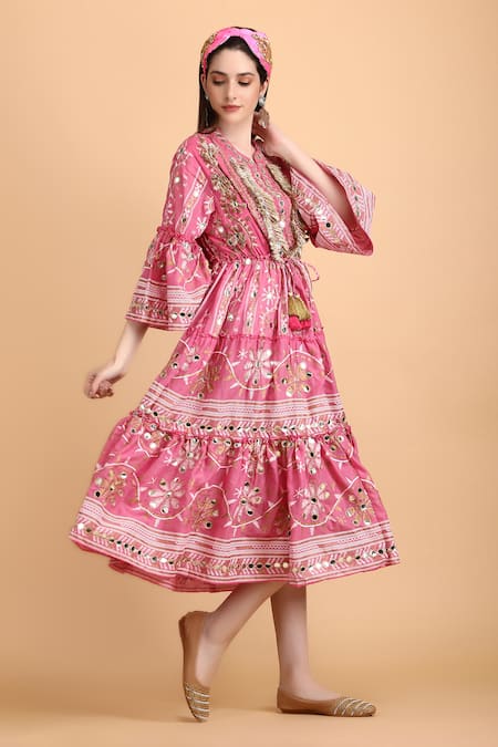 ANANNASA Pink 100% Cotton Voile Placement Embroidered Mirror Ayana Midi Dress  