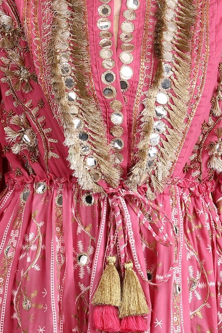 Buy Anannasa Pink Cotton Mirrors Split V-neck Ayana Placement Embroidered Midi Dress Online at Aza Fashions Buy_Anannasa_Pink Cotton Mirrors Split V-neck Ayana Placement Embroidered Midi Dress _Online_at_Aza_Fashions