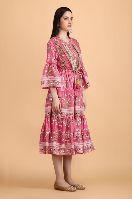 Shop Anannasa Pink Cotton Mirrors Split V-neck Ayana Placement Embroidered Midi Dress Online at Aza Fashions Shop_Anannasa_Pink Cotton Mirrors Split V-neck Ayana Placement Embroidered Midi Dress _Online_at_Aza_Fashions