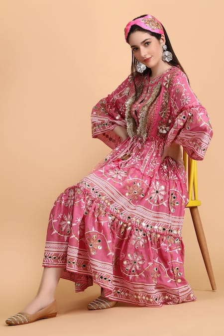 Anannasa Pink Cotton Mirrors Split V-neck Ayana Placement Embroidered Midi Dress at Aza Fashions Anannasa_Pink Cotton Mirrors Split V-neck Ayana Placement Embroidered Midi Dress _at_Aza_Fashions