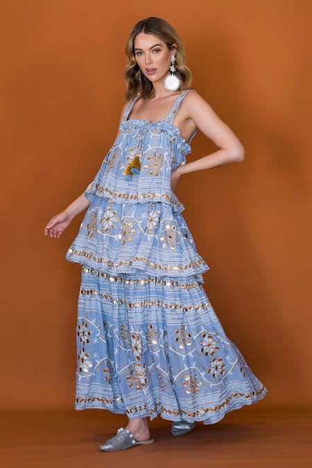 Anannasa_Blue Cotton Mirrors Square Neck Ayana Embroidered Dress _Online_at_Aza_Fashions