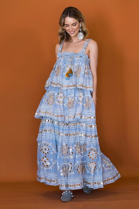 Shop_Anannasa_Blue Cotton Mirrors Square Neck Ayana Embroidered Dress _Online_at_Aza_Fashions