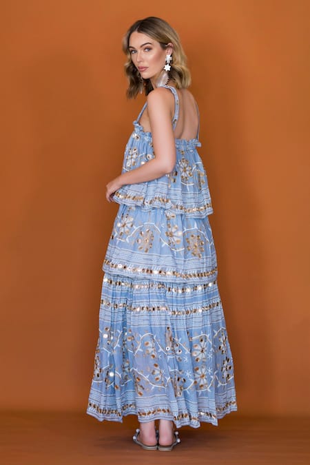 Anannasa_Blue Cotton Mirrors Square Neck Ayana Embroidered Dress _at_Aza_Fashions