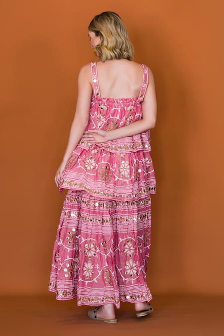 Anannasa_Pink Viscose Embroidery, Mirrors Square Neck Ayana Placement Maxi Dress _Online_at_Aza_Fashions