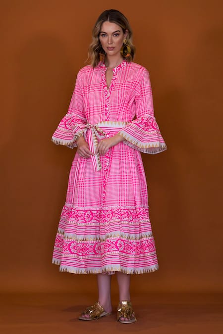 Anannasa_Pink Cotton Metallic Thread Collared Lola Organic Midi Dress With Sash Belt _Online_at_Aza_Fashions