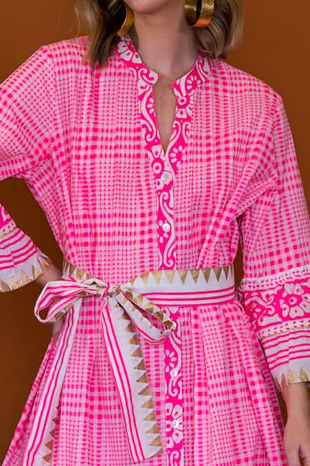 Buy_Anannasa_Pink Cotton Metallic Thread Collared Lola Organic Midi Dress With Sash Belt _Online_at_Aza_Fashions