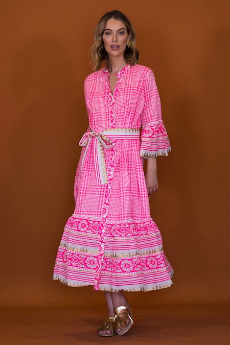 Shop_Anannasa_Pink Cotton Metallic Thread Collared Lola Organic Midi Dress With Sash Belt _Online_at_Aza_Fashions