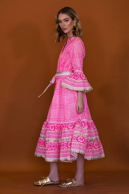 Anannasa_Pink Cotton Metallic Thread Collared Lola Organic Midi Dress With Sash Belt _at_Aza_Fashions