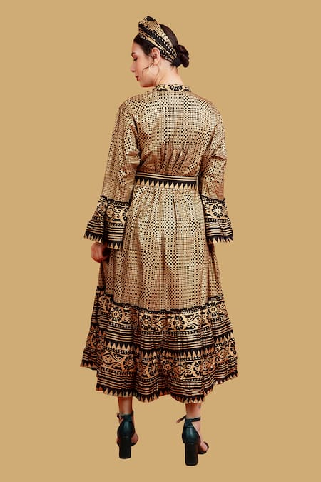 Anannasa Koko Abstract Print Dress With Sash Belt 