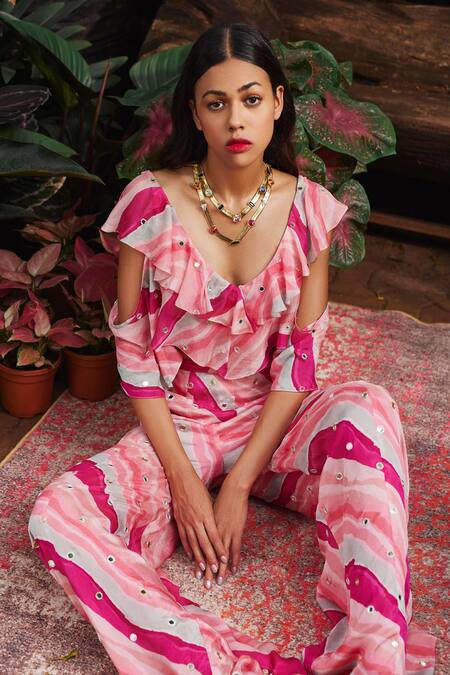 Payal Singhal_Coral Leheriya Chiffon Georgette Embroidered Mirror V Ruffle Top And Palazzo Set_Online_at_Aza_Fashions