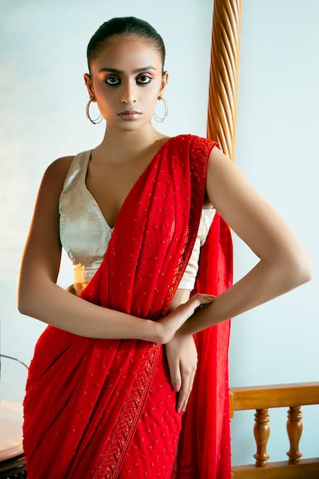 Buy_Mint N Oranges_Red Georgette Beads Laali Saree With Unstitched Blouse Piece _Online_at_Aza_Fashions