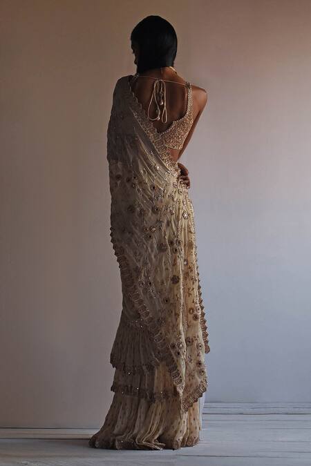 Shop Arpita Mehta White Net, Georgette Sequins, Cut Hand Embroidered Ruffle Saree And Blouse Set at Aza Fashions Shop_Arpita Mehta_White Net, Georgette Sequins, Cut Hand Embroidered Ruffle Saree And Blouse Set_at_Aza_Fashions