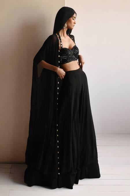 Shop Arpita Mehta Black Net, Georgette Mirrors, Stones Mirrorwork Embellished Blouse Cape Set at Aza Fashions Shop_Arpita Mehta_Black Net, Georgette Mirrors, Stones Mirrorwork Embellished Blouse Cape Set_at_Aza_Fashions