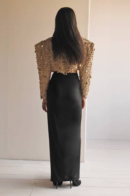 Shop Arpita Mehta Black Net, Lycra Mirrors Open Neck Fringe Embellished Jacket With Skirt at Aza Fashions Shop_Arpita Mehta_Black Net, Lycra Mirrors Open Neck Fringe Embellished Jacket With Skirt_at_Aza_Fashions