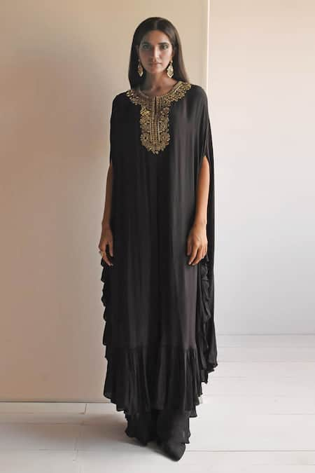 Arpita Mehta Black Natural Crepe Embroidered Mirrorwork Round Bodice Cape With Pant 