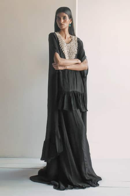 Arpita Mehta Black Natural Crepe Embroidered Pearl Round Tassel High Low Ruffle Cape Set 